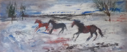 WAGNER JÁNOS: Vágtató lovak a téli tájban (olaj-farost 60x28 cm)jelzett,hó,havas,modern,tájkèp