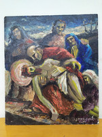 Antik olaj fatábla 1946 szignált keresztény vallás jézus levétele festmény keret nélkül Nr 31.