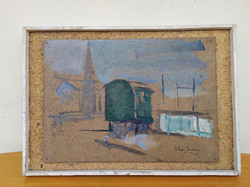 antik olaj karton tájkép szignált festmény pozdorja alapon léc keretben Nr 17.