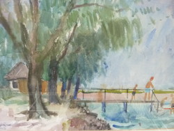 Somogyi Imre: Balatonlelle, 1958, akvarell kerettel 54x68 cm (fürdőzés, strand, tó, tavi, víz, nyár)