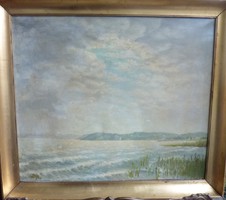 PERGER: Balatoni látkép - olajfestmény, 50x60 cm (tájkép, víz, kékség, tó, felhők)