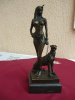 Eredeti Francia bronzszobor, Ókori Egyiptomi királynő Párduccal. 27 cm!