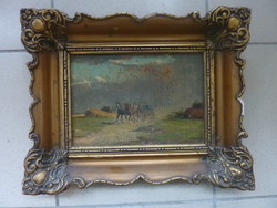Lovasszekér - patinás olajfestmény, szép kerettel 30x38 cm, Harencz J. (tájkép, falusi, ló, életkép)
