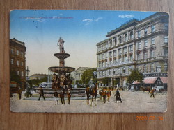 Régi képeslap: Budapest, Kálvin-tér a Danubius-kúttal, 1916