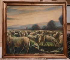 Antique painting flock of sheep