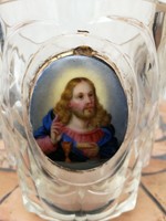 Antik 1800-as biedermeier csiszolt üveg pohár, Jézus Krisztus porcelán kép.  Egyházi  Ritkaság
