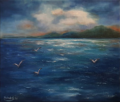 Distant waterfront - oil painting by Molnár Gabriella