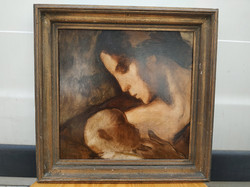 Antik olaj fatábla René DE PAUW szignált anya gyermekével festmény keretében Nr 84.