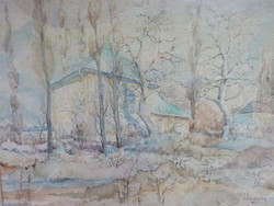 Téli táj házakkal (akvarell 1959-ből kerettel, 37x43,5 cm, Zbinyovszky László)  természet, erdő, fák