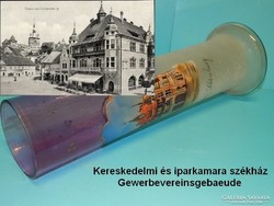 Erdély, Segesvár,Schäßburg zománcfestésű üveg váza 1900 körül, hibátlan, Gruß aus Schäßburg