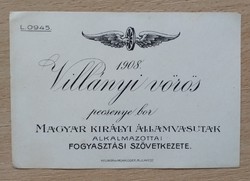 1908-as M. Királyi Államvasutak boros címkéje