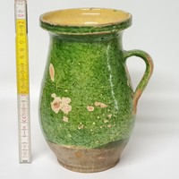 Zöld mázas népi kerámia tejes köcsög (1439)