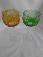 Ajka kristály boros, pezsgős pohár, csiszolt zöld és sárga üveg  pohár ( 2 db)
