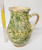 Zöld, törtfehér folyatott mázas népi kerámia tejes köcsög (1437)