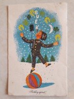 Régi újévi képeslap zsonglőr kéményseprő rajzos levelezőlap