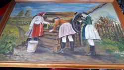 Asszonyok a kúton szép falusi életkép vászon festmény.