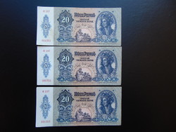 3 darab 20 pengő 1941 Sorszámkövető szép ropogós bankjegyek !!!