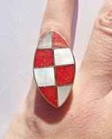 Pearl and coral inlaid adjustable size 925 ring