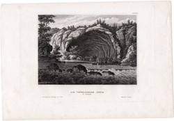 A Veterani - barlang (1), acélmetszet 1860, Meyers, metszet, 11 x 15, eredeti, Vaskapu, Duna, Dubova