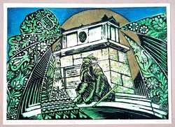 Noémi Tavaszy (1927-2018): in memory of soldier József, 1991/2 - individually colored linoleum engraving