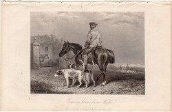 Hazatérés a "sétáról", acélmetszet 1854, metszet, eredeti, 10 x 14, ló, lovas, kutya, farm, tanya
