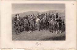 Verseny előtt, acélmetszet 1868, metszet, eredeti, 10 x 14, ló, lovak, lóverseny, versenyló, rajt