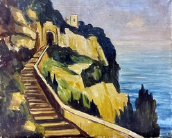 István Jaksa (1894 - 1982) Mediterranean coast with rocky fortress ... Oil on canvas painting!