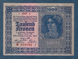 1000 Korona 1922 Osztrák - Magyar Bank VF- EF