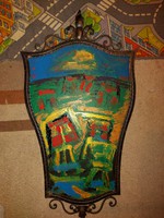 "Juhászok estebédje", 94x52 cm-es kovácsoltvas keretben, festmény, akril, kartonon