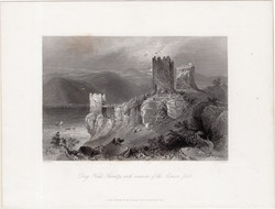 Három torony, Szinice, acélmetszet 1842, metszet, eredeti, 12 x 18, Duna, Tricule, Vaskapu, Románia
