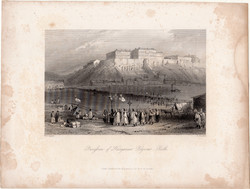 Zarándokmenet Pest, acélmetszet 1842, metszet, eredeti, 12 x 18, Duna, Budapest, Budai vár, híd