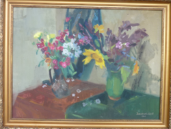 Zirkelbach: still life (picture gallery, 1964, oil painting with frame 60x80 cm) with delicate flowers, cheerful
