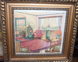 INTERIOR FROM 1953 (watercolor + frame, 27x29 cm, Várnay) room interior, mid-20th century, furniture