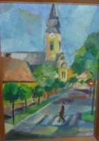 PONGRÁCZ: A gyulai református templom (50x70 cm, olaj, farost) színes utcakép, Fóth Ernő tanítványa