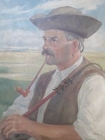 Pipázó csikós (olajfestmény, vászon, "Várady L.", 50x71 cm) pusztai portré, arckép, ménes pásztora