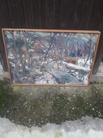 Uhrig Zsigmond téli táj patakkal 1970-ből olaj vászon festménye.
