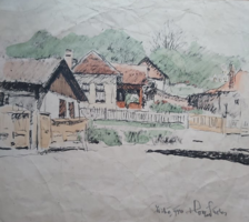 HAMZA PINTÉR GYULA: Zsibó, 1940 - rajz papíron, 28x32 cm (utcakép, tájkép, Erdély, Románia, házak)