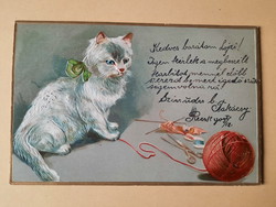 Antik dombornyomott levelezőlap cicával, 1900 körül