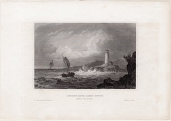 Desert Rock világítótorony, acélmetszet 1860, metszet, 10 x 15, Amerika, Main, kikötő, New England