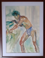 KOVÁCS KÁLMÁN - akvarell  kerettel 54x67 -  emberábrázolás, férfi, vízfestmény kortárs, modern