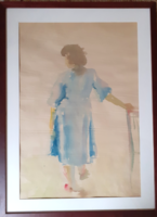KOVÁCS KÁLMÁN: Kékruhás nő (akvarell 51x70) emberábrázolás, nő, vízfestmény kortárs, modern
