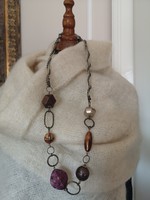 Long vintage bijou necklace, metal - acrylic - wood, 80 cm