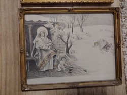 Jézus születése selyem alapra készített festmény 28 x 22 cm