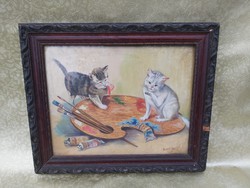 Antik olaj-vászon festmény macskákkal. Pusztái szignó.