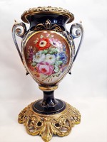 Nagyméretű korabeli antik kézzel festett biedermeier porcelán réz váza
