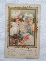 Szecessziós, német, dombornyomott, aranyozott képeslap/üdvözlőlap hölgyekkel, kalapokkal 1901-ből