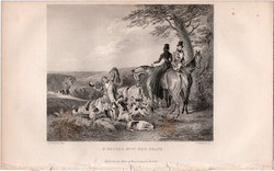 Vadászat no. 1V., acélmetszet 1839, metszet, eredeti, 10 x 12, róka, kutya, vadász, vadászkutya, ló
