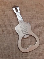 A guitar-shaped beer opener has a can opener at the end