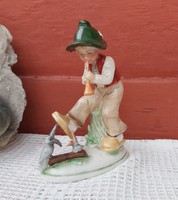 Német porcelán furulyás furulyázó , madaras  fiú nipp, figura, porcelán Germany 