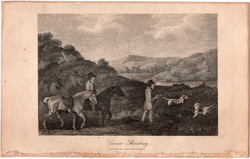 Nyírfajd vadászat, rézmetszet 1805, metszet, eredeti, 10 x 14, vadász, állat, vad, kutya, ló